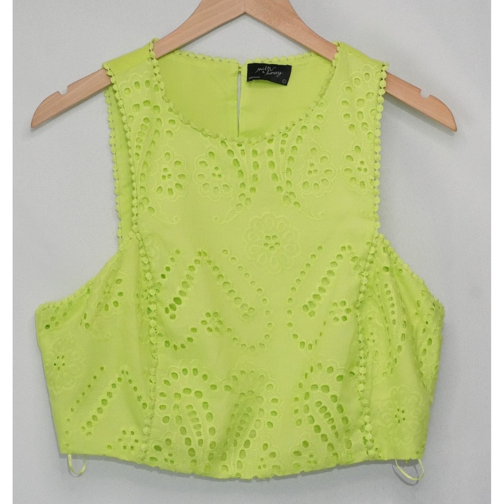 Milk & Honey Crop Top Women Large Lime Green Eyelet Embroidered Pom Pom Trim